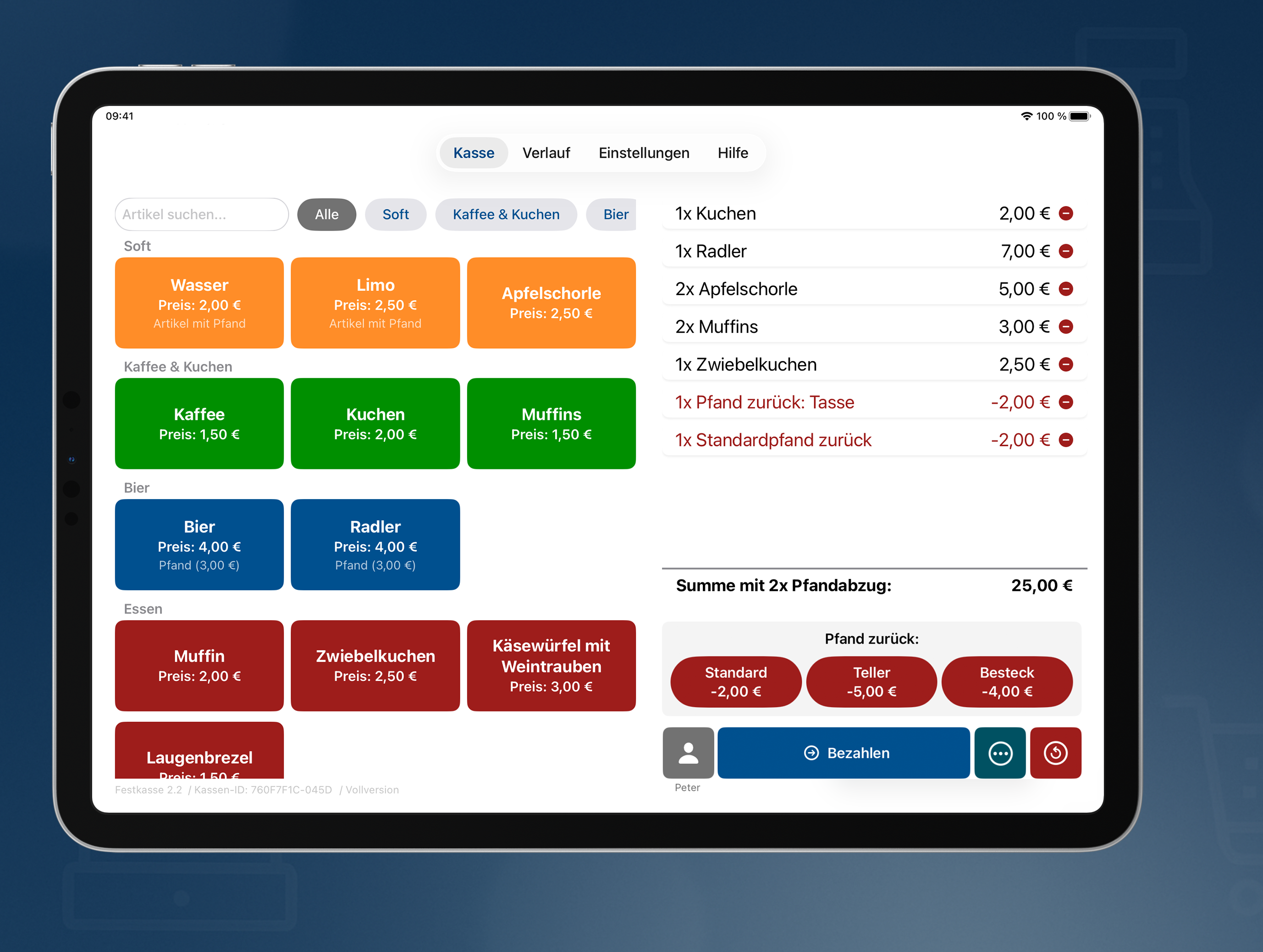 Einfache und übersichtliche Kassenansicht der Festkasse App