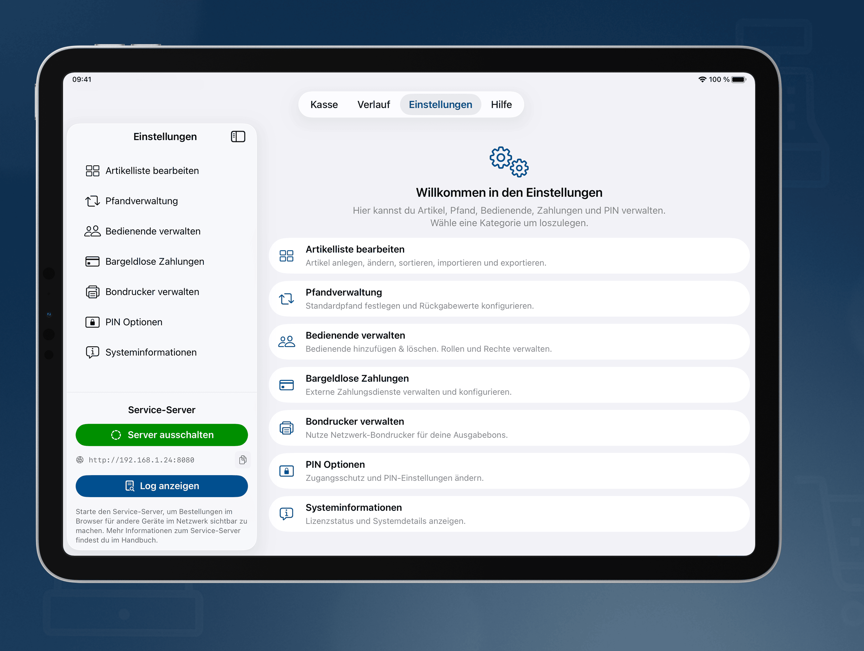 Einstellungsmenü der Festkasse App mit individuellen Optionen